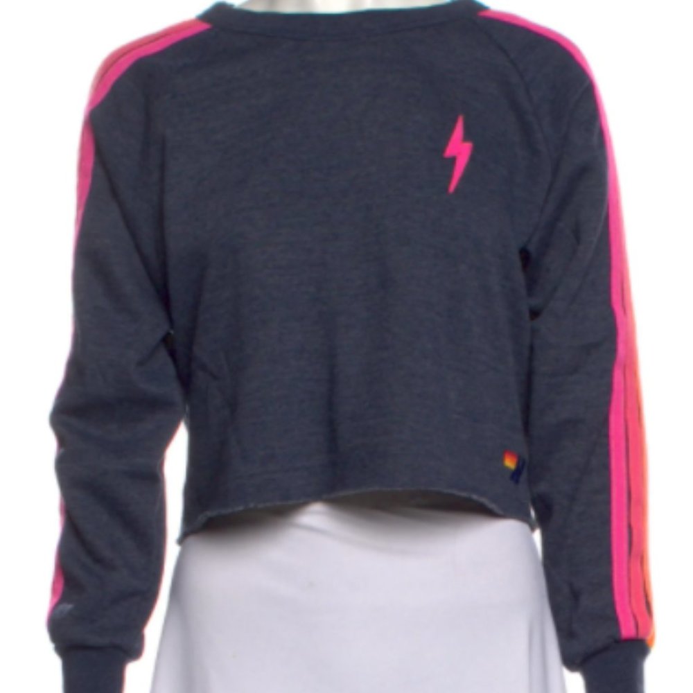 Aviator Nation Bolt Embroidery Classic Cropped Crew Swetashirt - Heather Navy